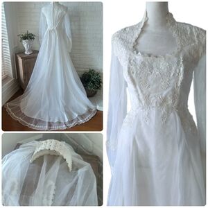 Vtg 70s Californian Floral Princess Wedding Gown, Fairy, High Neck, Bustle